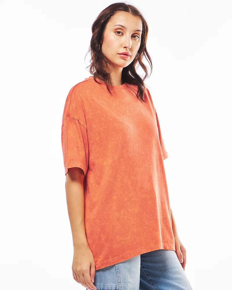 bewakoof Women's Orange Oversized Acid Wash T-shirt